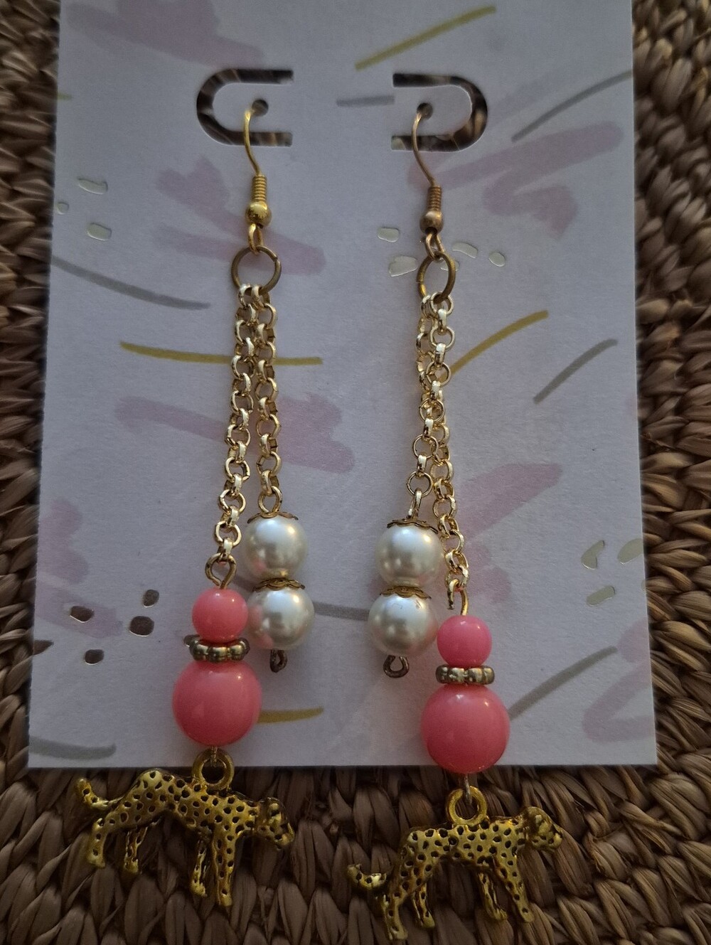Gold Leopard Charm Dangle Earrings with Pink Beads
